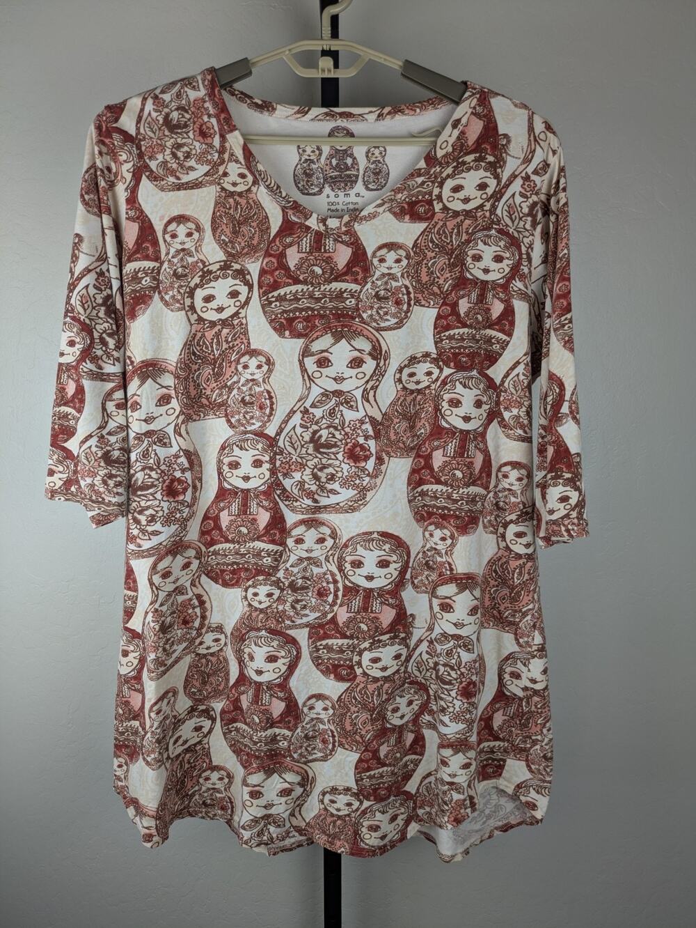Soma Sleep Shirt Night Gown Red Matryoshka Russian Doll Print